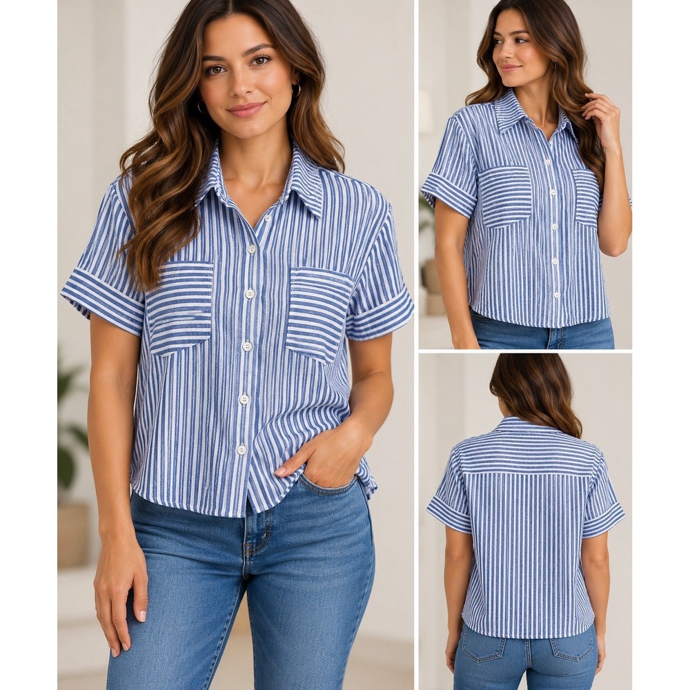 Women's blue and white striped short-sleeve button-down shirt Size Small